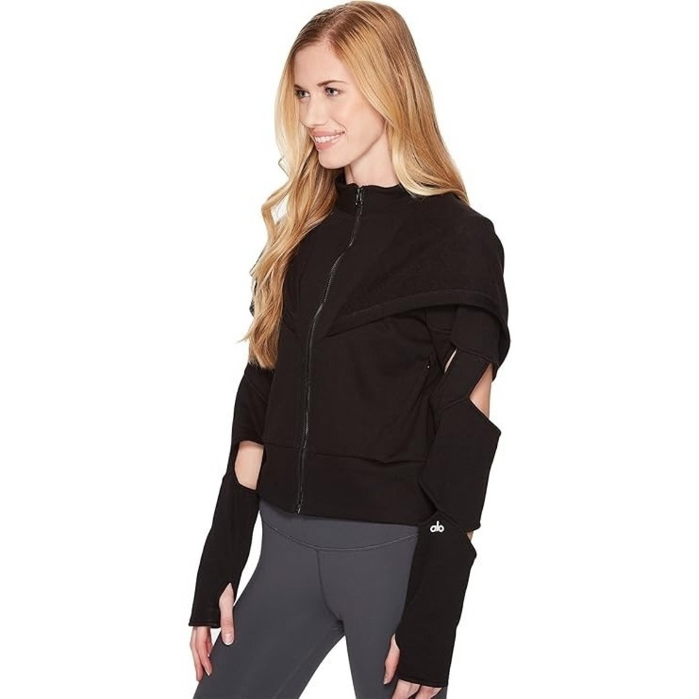 Alo Yoga Mix Jacket Hoodie Women's Medium Black Cut Out Sleeve Full Zip Athletic